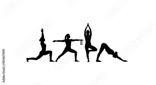 Three black yoga silhouettes in various poses