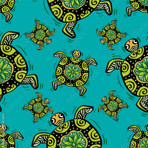 Seamless pattern with turtles. Vector illustration in cartoon style. Can be used for wallpaper, pattern fills, web page background,surface textures.