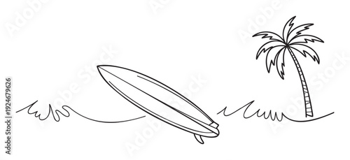 A hand drawn outline of a surfboard catching a wave near a tropical palm tree, perfect for summer vacation themed posters, logos, or childrens coloring books