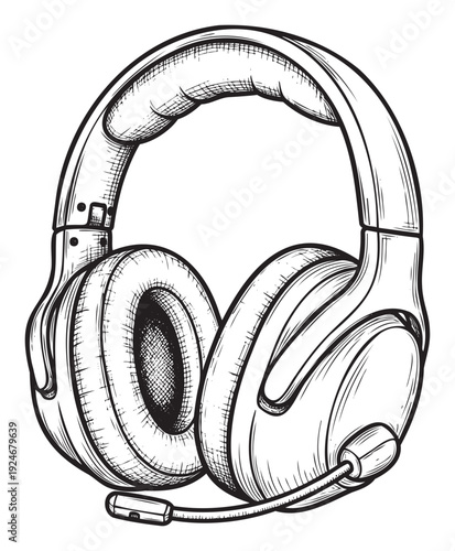 Professional gaming headset with microphone in a detailed black and white sketch style, perfect for representing audio communication, online entertainment, or sound technology in various