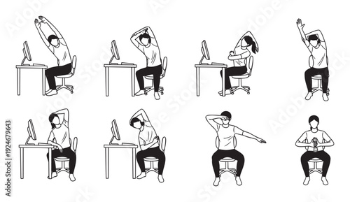 People performing various ergonomic office stretches at their desk to promote health and wellbeing for corporate wellness programs and workplace productivity campaigns