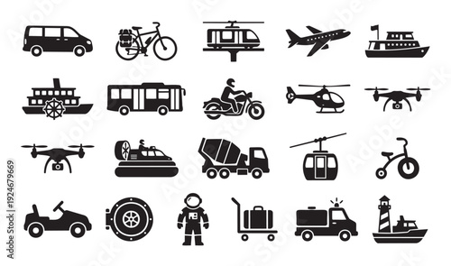 A comprehensive set of black silhouette icons illustrating various modes of transportation and travel vehicles suitable for logistics, navigation, and infrastructure graphic applications.