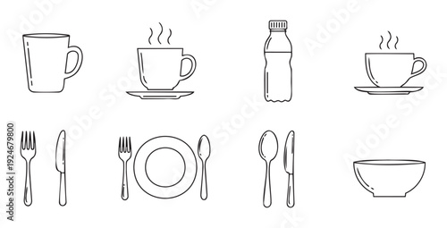 Simple outline icons of various kitchenware, tableware, and beverage items perfect for menus, food service applications, or general dining related graphic projects
