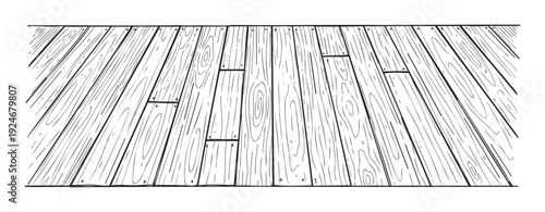 Hand drawn perspective view of a rustic wooden floor made of planks with visible grain and nail marks, perfect for graphic backgrounds and texture overlays
