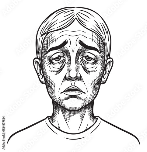 Monochrome closeup of a sorrowful adult displaying profound exhaustion and emotional distress, perfect for visual communication related to mental wellness, grief, or personal struggle.