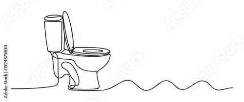 Simple continuous line drawing of a modern toilet with its lid open, ideal for plumbing industry marketing materials, bathroom renovation projects, or minimalist graphic presentations.