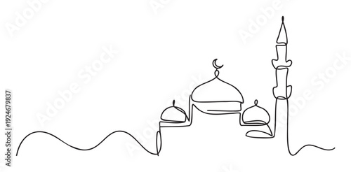 Elegant continuous line drawing of a majestic mosque featuring multiple domes and a prominent minaret, perfect for illustrating spiritual events, religious holidays, or cultural worship