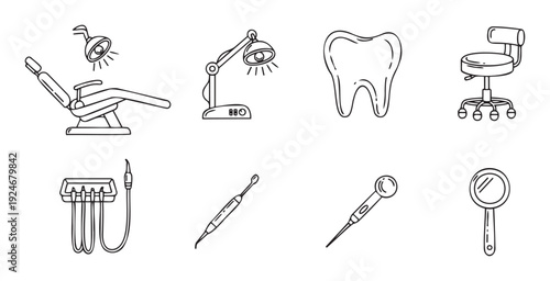 Dental clinic equipment line icons set depicting essential tools and furniture for professional dentistry services suitable for medical web graphics and educational materials