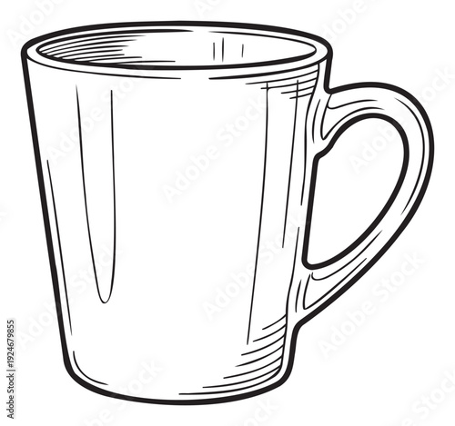 Detailed black outline drawing of a simple ceramic coffee mug with a handle, suitable for kitchenware designs, beverage promotions, and cooking blog graphics.