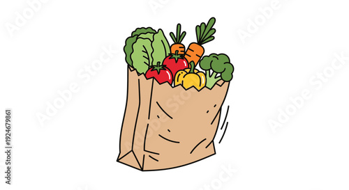 Paper grocery bag filled with fresh vegetables: lettuce, tomatoes, carrots, broccoli, bell pepper.