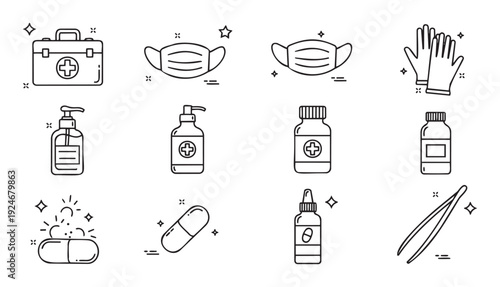 Essential medical and hygiene supplies featuring face masks, gloves, first aid kit, hand sanitizer, medicine bottles, and capsules for health protection and daily wellness use.