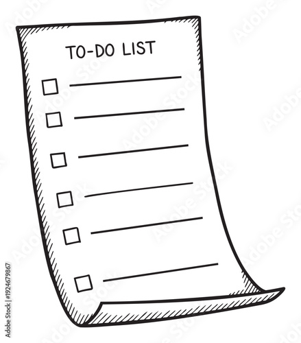 Hand drawn sketch of a todo list paper with checkboxes and lines, ideal for personal organization, business planning, project management, and daily task tracking applications.