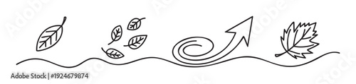 Minimalist black and white sketch illustrating a sequence of leaves carried by wind currents and an upward arrow, ideal for nature, movement, and cyclical themes visuals.