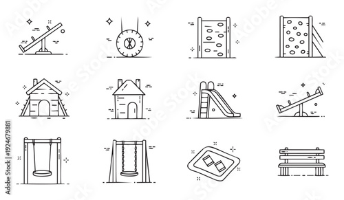 Versatile collection of playground equipment and outdoor activity icons offering a comprehensive resource for childrens leisure, parks, and recreational design projects.