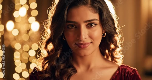 Wallpaper Mural A woman with flowing hair and a warm smile, illuminated by soft lights in an elegant setting Torontodigital.ca