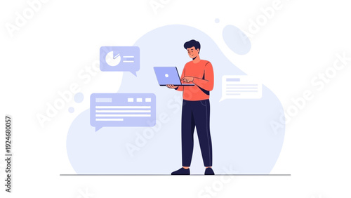 Man with Laptop Analyzing Data with Chat Bubbles and Pie Chart