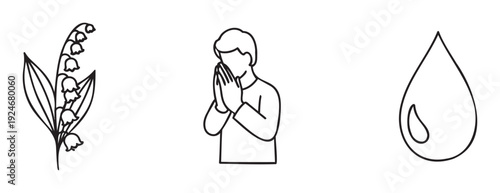 Lily of the valley flower, person praying, and teardrop droplet symbolizing purity, grief, and spiritual reflection for various graphic design projects and emotional themes