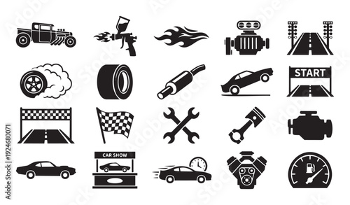 Automotive racing and car show black icons collection depicting hot rods engines tires and speedometers useful for graphic design projects web templates and merchandise