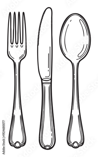 Classic kitchen utensils for dining, including a fork, knife, and spoon, perfect for restaurant menus, cooking blogs, or foodrelated publications.