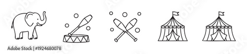 Simple hand drawn circus icons featuring an elephant, a drum with drumstick, juggling clubs, and big top tents perfect for childrens educational content or graphic asset projects.