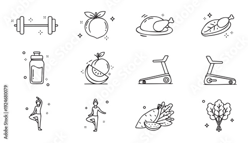 Collection of wellness and healthy lifestyle line icons perfect for infographics, mobile applications, website designs, and educational materials promoting physical activity and balanced