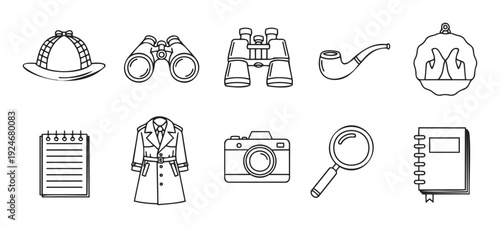 Set of minimalist line drawn detective investigation equipment icons and spy tools suitable for mystery story publishing, private eye service advertising, or educational resources