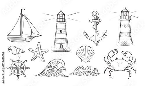 Hand drawn collection of nautical and marine objects like lighthouses, anchors, waves, and sea creatures perfect for beach themed projects