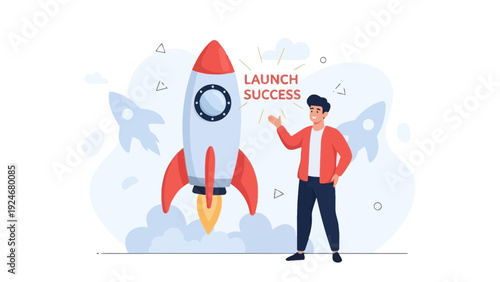 Man Launching Rocket Ship for Business Success and Startup Growth Concept