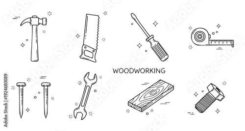 Essential woodworking tools and materials collection featuring a hammer, saw, screwdriver, measuring tape, nails, wrench, wood, and bolt, ideal for DIY instructions and construction related