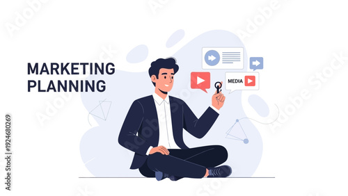 Man Planning Digital Marketing Strategy with Media Icons and Analytics