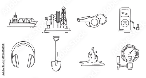 Diverse set of linear vector icons representing industrial energy production, safety equipment, and outdoor work tools, ideal for modern graphic design and informational materials.