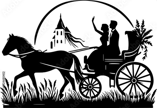 Vintage horse carriage silhouette, black and white vector illustration, ornate royal carriage, detailed floral decorations, engraving style, high contrast