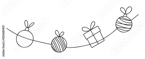 A cheerful black outline garland featuring various decorative baubles and a small present, perfect for creating joyful event invitations, celebration posters, or holiday season promotions.