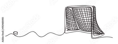 Dynamic continuous line drawing of an ice hockey goal and a puck connected by a flowing stroke, suitable for athletic event promotions, sports merchandise, or modern graphic media.