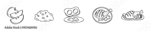 Collection of hand drawn line icons featuring an apple, mashed food, fried eggs, grilled chicken leg, and roasted poultry, suitable for various culinary projects and recipe applications