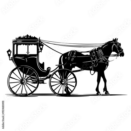 Vintage horse carriage silhouette, black and white vector illustration, ornate royal carriage, detailed floral decorations, engraving style, high contrast