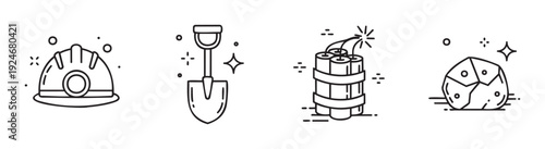 Safety equipment, tools, and materials for mining, construction, or excavation projects, suitable for industry presentations, educational resources, and engineering documentation