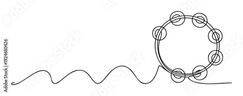 Minimalist continuous line drawing of a musical tambourine forming from a flowing wavy sound wave, perfect for musicrelated branding, event promotions, or educational materials.