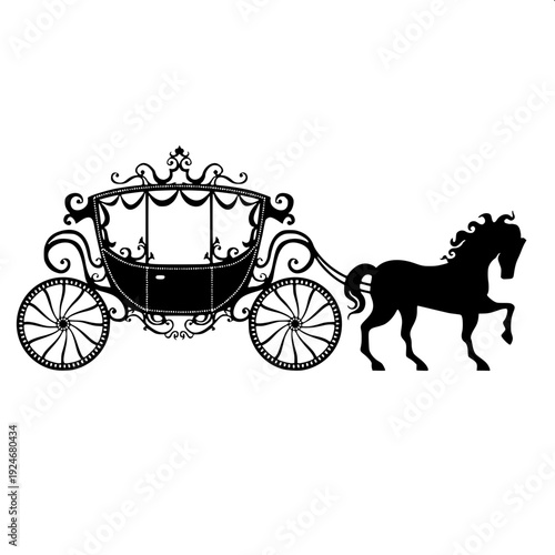 Vintage horse carriage silhouette, black and white vector illustration, ornate royal carriage, detailed floral decorations, engraving style, high contrast