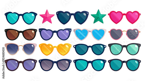 Stylish sunglasses silhouette vector set with heart star cat eye and round frames isolated on white background for fashion and summer designs