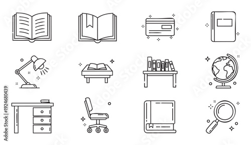 A comprehensive collection of outline icons representing various education, reading, and study supplies, ideal for academic resources, user interfaces, or school related applications.