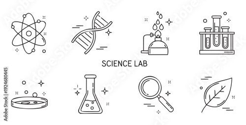 Science laboratory icons collection featuring atom DNA test tubes flask petri dish magnifying glass and leaf suitable for educational research and scientific applications