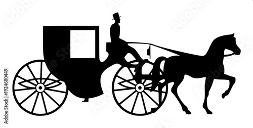 Vintage horse carriage silhouette, black and white vector illustration, ornate royal carriage, detailed floral decorations, engraving style, high contrast