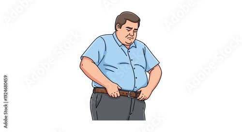 Overweight Man Feeling Uncomfortable with His Body, Pulling at His Pants