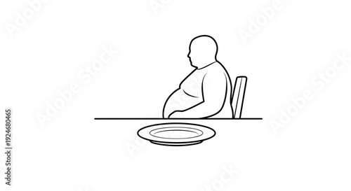 Overweight Man Sitting at Table with Empty Plate, Obesity Concept