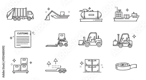 Modern logistics and cargo transportation line icons representing global delivery, supply chain management, and industrial shipping processes for business presentations and digital projects.