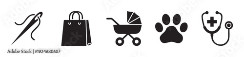 Essential icons representing common services and daily life items like sewing, shopping, baby care, pet services, and medical assistance, perfect for business directories and informational
