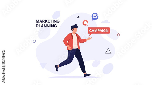 Man Running With Campaign Bubble, Marketing Planning Concept Illustration