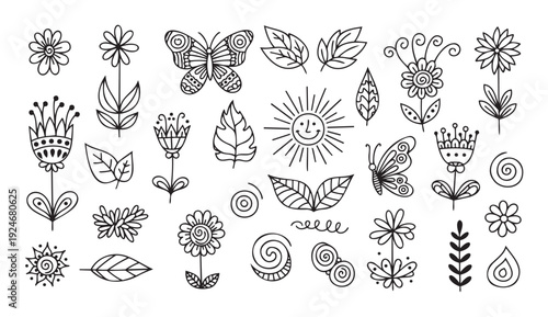 Collection of charming handdrawn nature icons featuring various blooming flowers, delicate foliage, flying butterflies, and a smiling sun for cheerful seasonal marketing and craft projects.