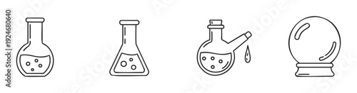 Scientific laboratory glassware including various flasks and a distilling retort, along with a mystical crystal ball, perfect for educational content and esoteric themed graphics.